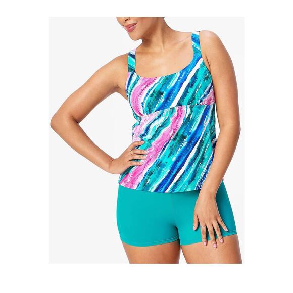Kim Gravel x Swimsuit Womens Blue Rainbow Stripe Padded Tankini Shorts Size 14 - Picture 1 of 11